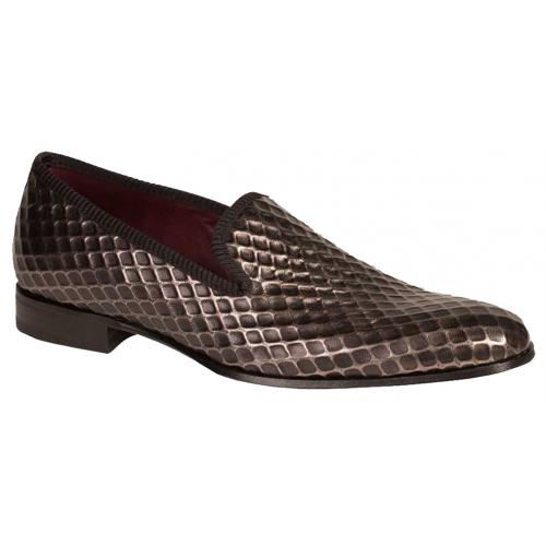 Mezlan "Hilbert" 6694 Grey Genuine Decorative Embossed Frosted Calfskin with Fabric Trim Loafer Shoes.